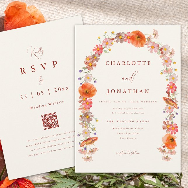 Invitación Boho Fall Wedding (Boho wildflower arch fall wedding invitation orange qr code)