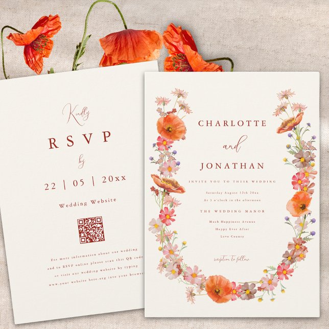 Invitación Boho Fall Wedding (Boho wildflower fall wedding invitation burnt orange script and website qr code)