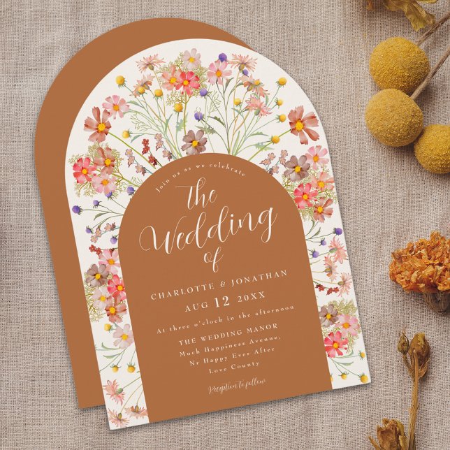 Invitación Boho Fall Wildflower Arch Terracotta Boda (watercolor floral rustic boho fall wedding invitation whimsical wildflower arch autumn fall colors)