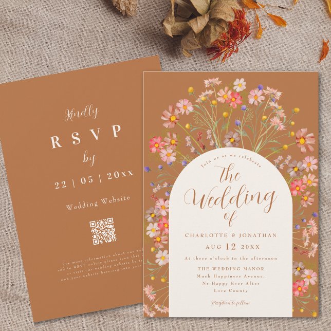 Invitación Boho Fall Wildflower Arch Terracotta Boda (Boho fall wildflower arch terracotta burnt orange elegant script wedding invitation )