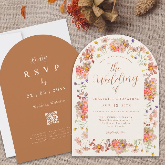 Invitación Boho Fall Wildflower Arch Terracotta Boda (Boho fall wildflower arch terracotta burnt orange elegant wedding invitation )
