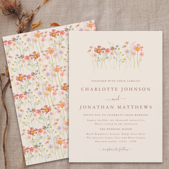 Invitación Boho Fall Wildflower Beige Terracotta Boda (Boho fall Wildflower meadow rustic floral beige terracotta Wedding invitation elegant script)