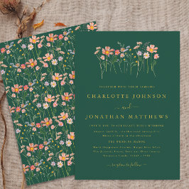 Invitación Boho Fall Wildflower Boda de oro y verde oscuro