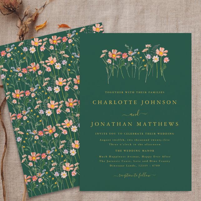 Invitación Boho Fall Wildflower Boda de oro y verde oscuro (Boho fall Wildflower floral green & gold Wedding invitation Watercolor garden meadow elegant modern)