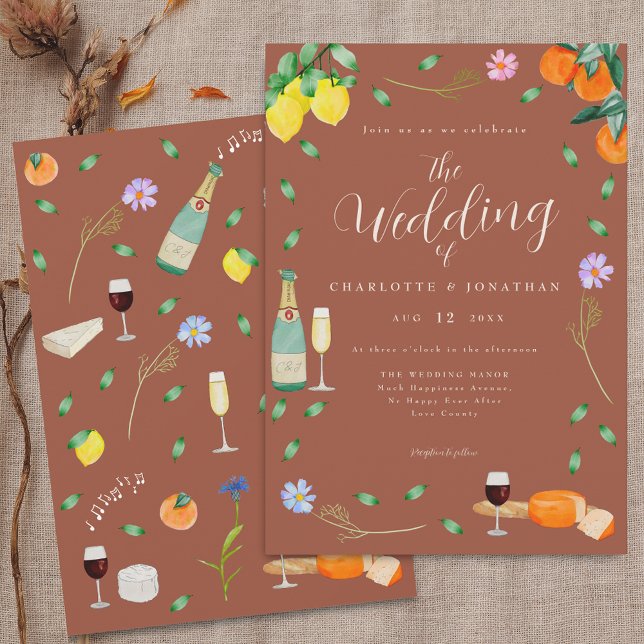 Invitación Boho Fall Wildflower Citrus Terracotta Wedding (Boho fall floral citrus terracotta wedding invitation Lemons oranges citrus fruits wine & cheese)