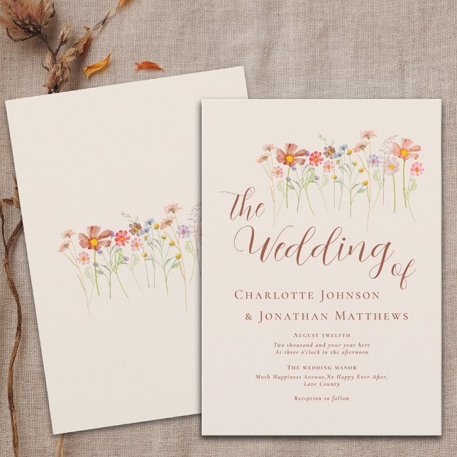Invitación Boho Fall Wildflower Floral Beige Terracotta (wildflower wedding watercolor florals boho rustic fall flowers wedding elegant modern script autumn )