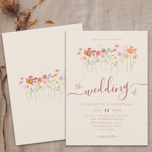 Invitación Boho Fall Wildflower Floral Beige Terracotta (Boho fall Wildflower floral beige & terracotta Wedding qr code invitation Watercolor meadow flowers)