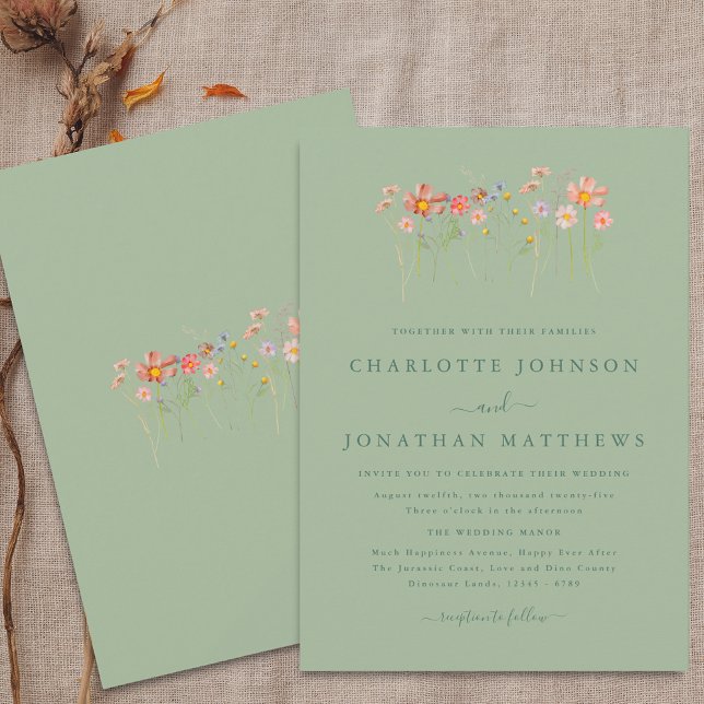 Invitación Boho Fall Wildflower Floral Sage Green Boda (Boho fall Wildflower sage green floral Wedding invitation Watercolor flowers stylish modern)