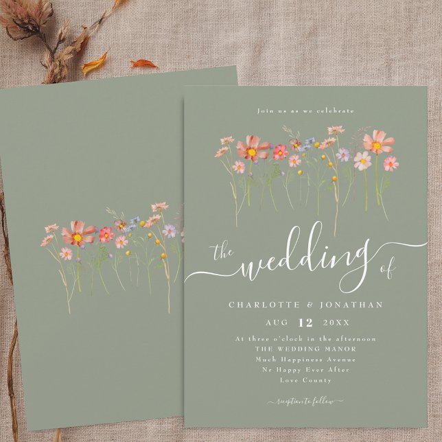 Invitación Boho Fall Wildflower Floral Sage Green Boda (Boho fall Wildflower floral sage green Wedding invitation Whimsical elegant script watercolor flower)