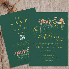 Invitación Boho Fall Wildflower Green Gold Boda de código QR