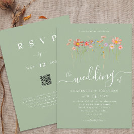 Invitación Boho Fall Wildflower Sage Boda de código QR verde