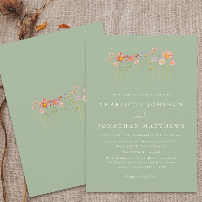 Invitación Boho Fall Wildflower Sage Green Boda (Boho fall Wildflower meadow floral sage green terracotta Wedding Invitation Elegant modern script )