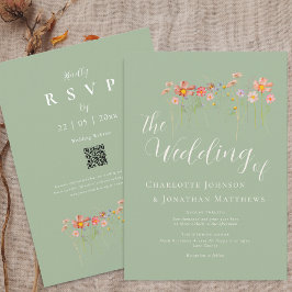 Invitación Boho Fall Wildflower Sage Green QR Code Boda