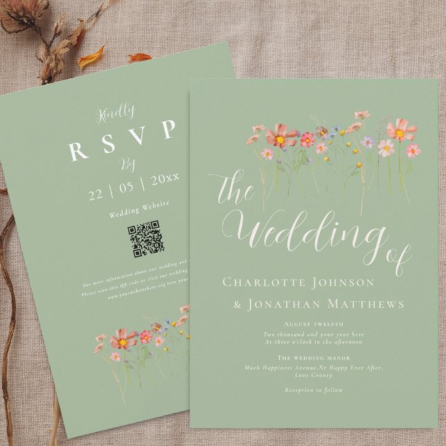 Invitación Boho Fall Wildflower Sage Green QR Code Boda (Boho fall Wildflower meadow sage green Wedding qr code invitation Outdoor autumn destination wedding)