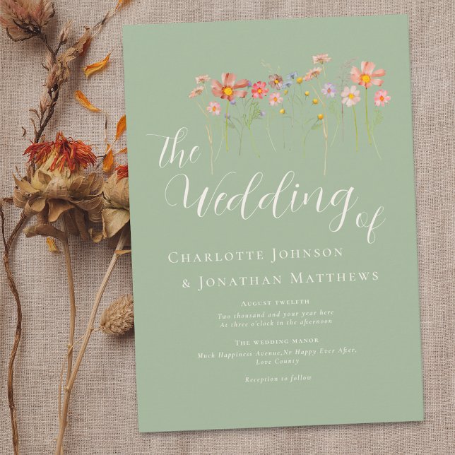Invitación Boho Fall Wildflower Terracotta Sage Green Boda (Boho fall Wildflower rustic floral sage green Wedding invitation Elegant modern script watercolor)