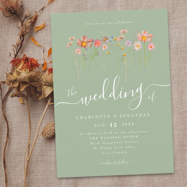 Invitación Boho Fall Wilflower Sage Green (Boho fall Wildflower rustic floral sage green Wedding invitation Watercolor whimsical garden flowers)