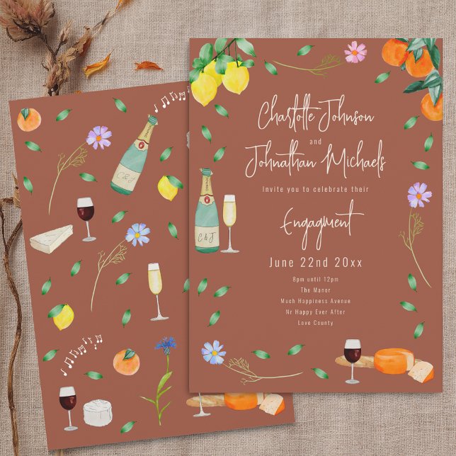 Invitación Boho Fall Wine and Cheese Engagement Party (Boho chic fall wine and cheese wedding engagement party terracotta invitation Oranges lemons floral )