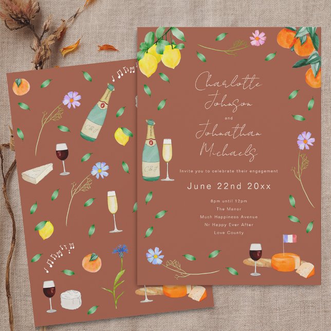 Invitación Boho Fall Wine & Cheese Engagement Party (Boho chic fall wine and cheese wedding engagement party terracotta invitation Autumn colors oranges)