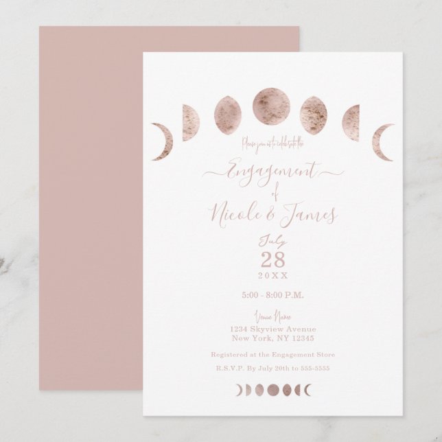 Invitación Boho Fases de la Luna Rosa Compromiso Moderno Mini (Anverso / Reverso)
