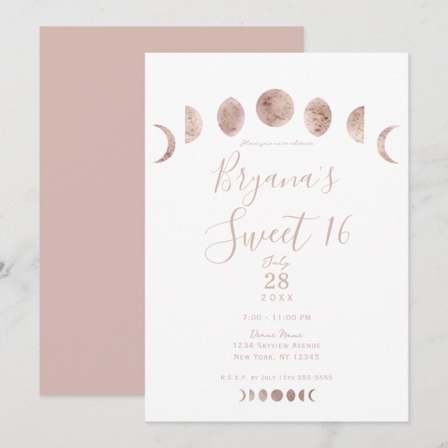 Invitación Boho Fases de Luna Rosa Modern Mínimo Dulce 16 (Anverso / Reverso)