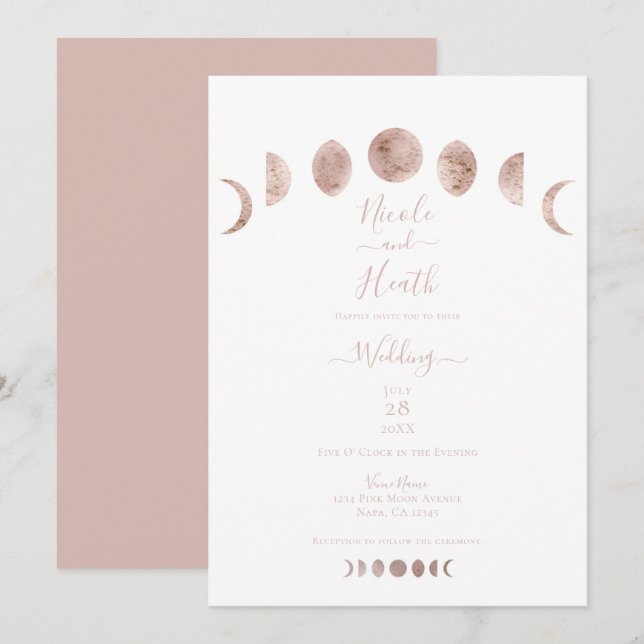 Invitación Boho Fases de Luna Rosa Moderna Boda Mínimo (Anverso / Reverso)