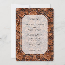 Invitación Boho Faux Brown Leather Floral Boda