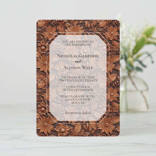 Invitación Boho Faux Brown Leather Floral Boda (Anverso de pie)