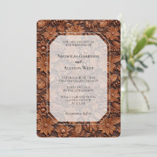 Invitación Boho Faux Brown Leather Floral Boda
