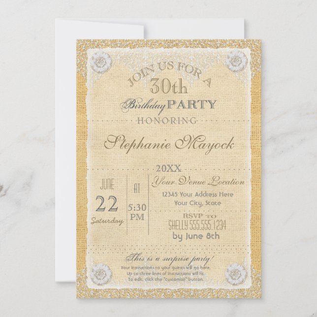 Invitación BOHO Faux Burlap n Lace gitano estilo moderno (Anverso)