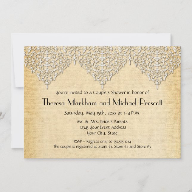 Invitación BOHO Faux Burlap n Lace gitano estilo moderno (Anverso)
