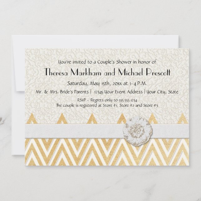 Invitación BOHO Faux Burlap n Lace HEVRON estilo moderno (Anverso)