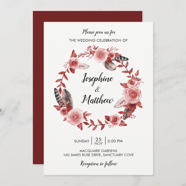 Invitación Boho Feather Burgundy Rosa Wreath Boda (Anverso / Reverso)