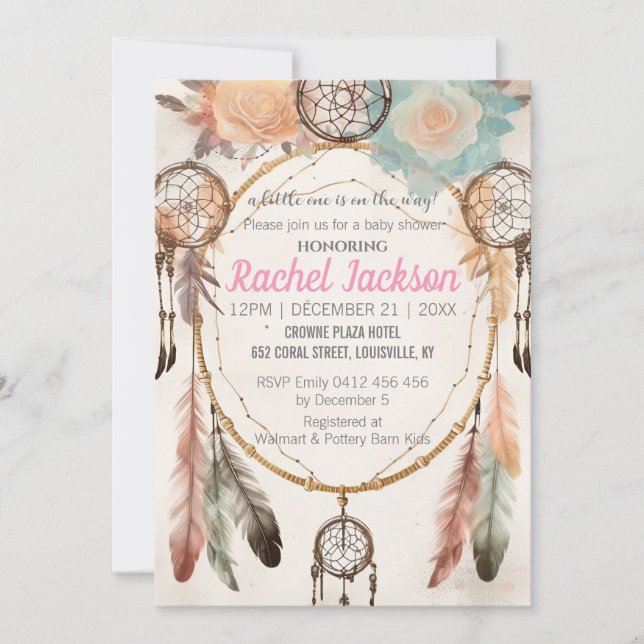 Invitación Boho Feather Dreamcatcher Baby Shower Watercolor (Anverso)
