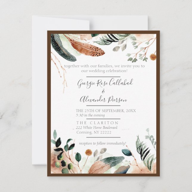 Invitación Boho Feather & Eucalyptus Wedting (Anverso)