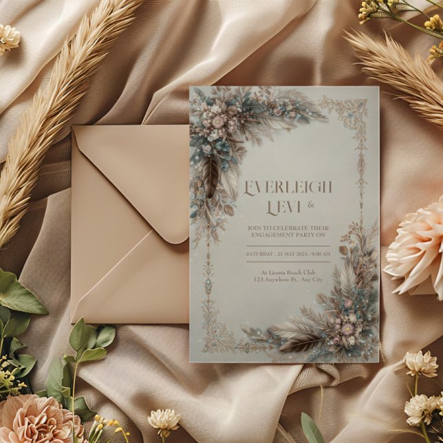 Invitación Boho Feather Floral Dusty Blue Gold Frame Wedding (Subido por el creador)