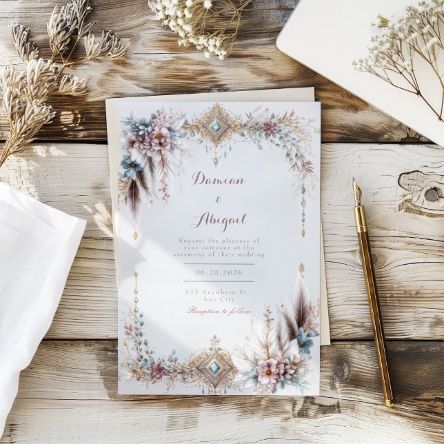 Invitación Boho Feather Floral Gold Jewel Frame Wedding (Subido por el creador)