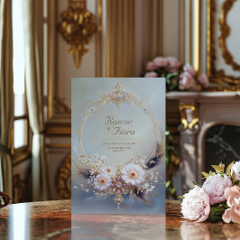 Invitación Boho Feather Gold Oval Frame Purple Jewel Wedding