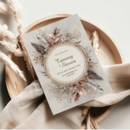 Invitación Boho Feather Wreath Earth Tone Gold Frame Wedding