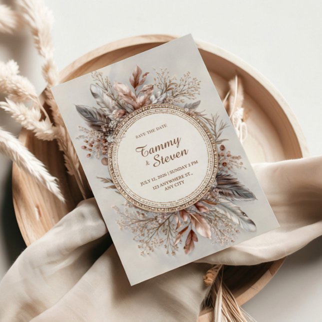 Invitación Boho Feather Wreath Earth Tone Gold Frame Wedding (Subido por el creador)