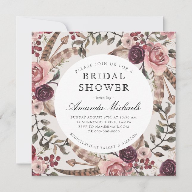 Invitación Boho Feathers Burgundy Beige Floral Bridal Shower (Anverso)