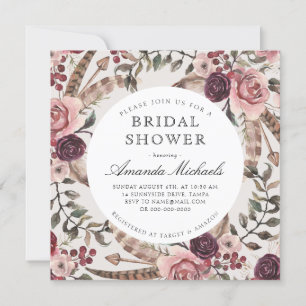 Invitación Boho Feathers Burgundy Beige Floral Bridal Shower
