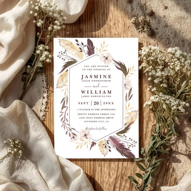 Invitación Boho Feathers Elagant Modern Chic QR Code Wedding (Subido por el creador)