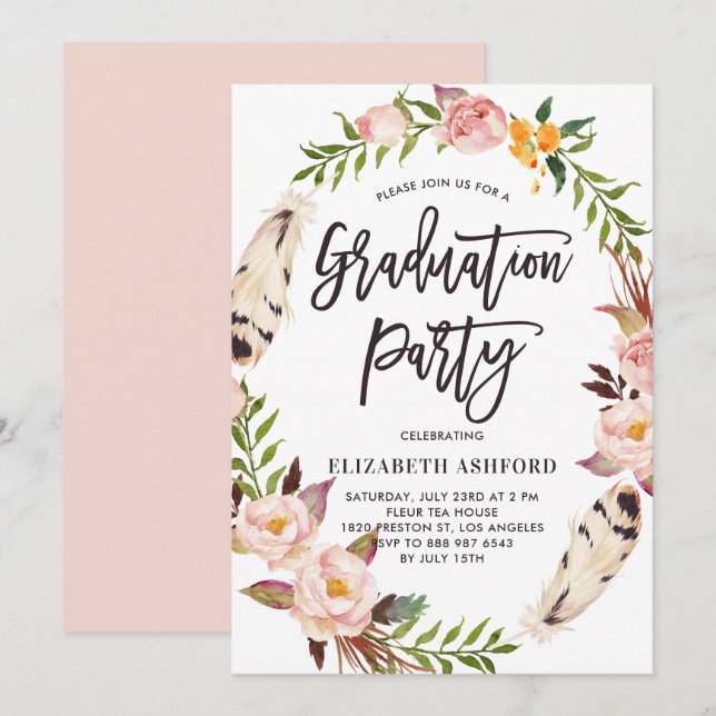 Invitación Boho Feathers & Floral Wreath Graduation Party (Anverso / Reverso)