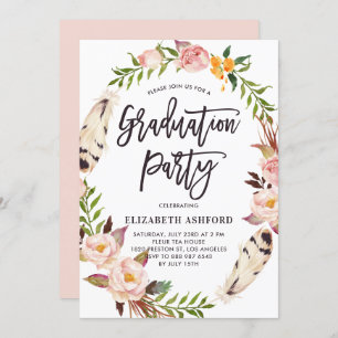 Invitación Boho Feathers & Floral Wreath Graduation Party