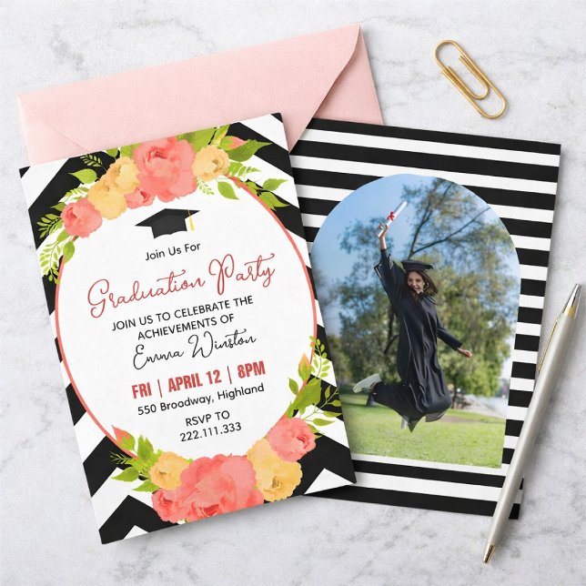 Invitación Boho Feathers & Floral Wreath Graduation Party (Subido por el creador)