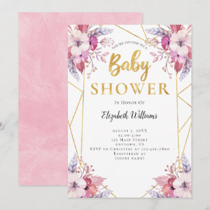 Invitación Boho Feathers Flores Baby Shower de marco geométri