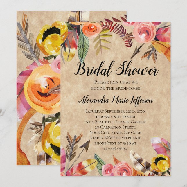 Invitación Boho Feathers Flores Flores Boda Rústico (Anverso / Reverso)