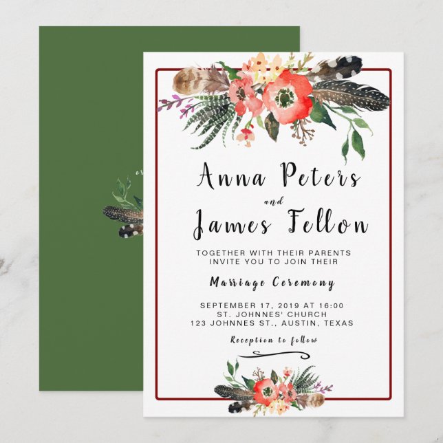 Invitación Boho Feathers Flores Suculento Boda Floral (Anverso / Reverso)