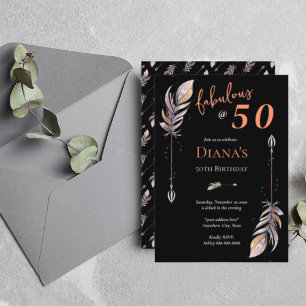 Invitación Boho Feathers, Naranja negro de 50 y 50 años Fab