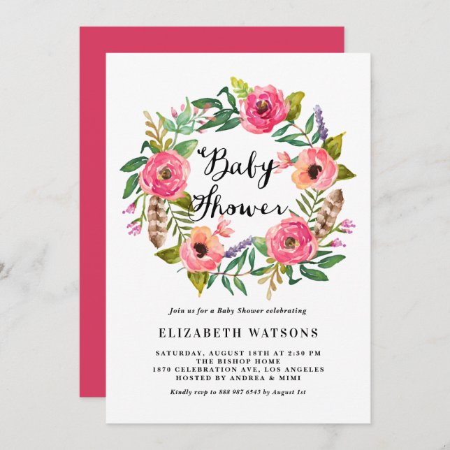 Invitación Boho Feathers Pink Floral Wreath Baby Shower (Anverso / Reverso)